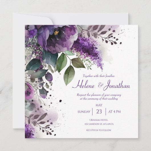 Invitation Elégant Mariage de Boho violet Floral (Devant)
