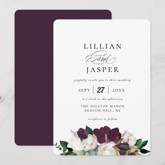 Invitation Élégant Mariage de bouquet floral d'ivoire violet (Devant / Derrière)