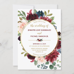 Invitation Élégant Mariage de bouquet floral Marsala d'or chi