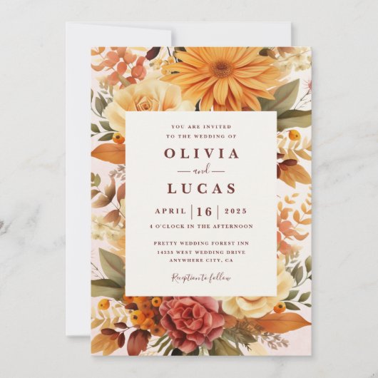 Invitation Élégant Mariage de cadre à fleurs orange (Devant)