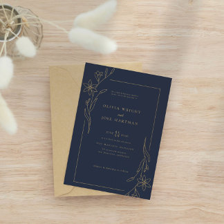 Invitation Elégant Mariage de cadre bleu marine et or floral