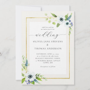 Invitation Élégant Mariage de cadre bleu or Anemone