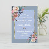 Invitation Elégant Mariage de cadre bleu rose floral bleu Dus (Debout devant)