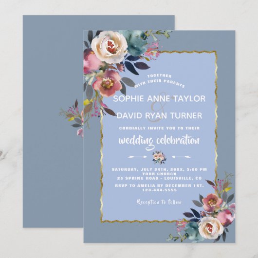 Invitation Elégant Mariage de cadre bleu rose floral bleu Dus (Devant / Derrière)