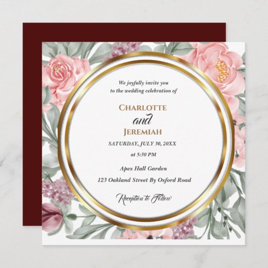 Invitation Elégant Mariage de cadre de cercle de verdure rose (Devant / Derrière)