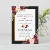 Invitation Élégant Mariage de cadre en or noir floral bordeau (Debout devant)