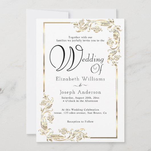 Invitation Elégant Mariage de cadre fleuri Or Budget Luxe (Devant)
