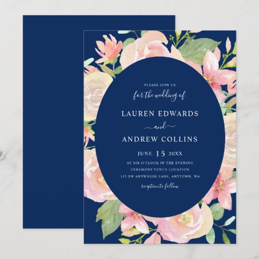 Invitation Elégant Mariage de cadre floral bleu bleu marine (Devant / Derrière)