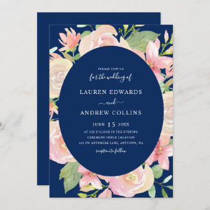 Invitation Elégant Mariage de cadre floral bleu bleu marine
