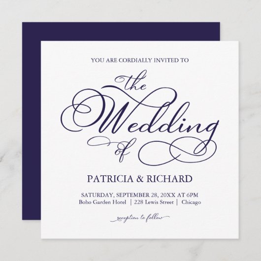 Invitation Élégant Mariage de calligraphie bleu marine (Devant / Derrière)