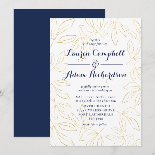 Invitation Élégant Mariage de calligraphie de la flotte d'or (Devant / Derrière)