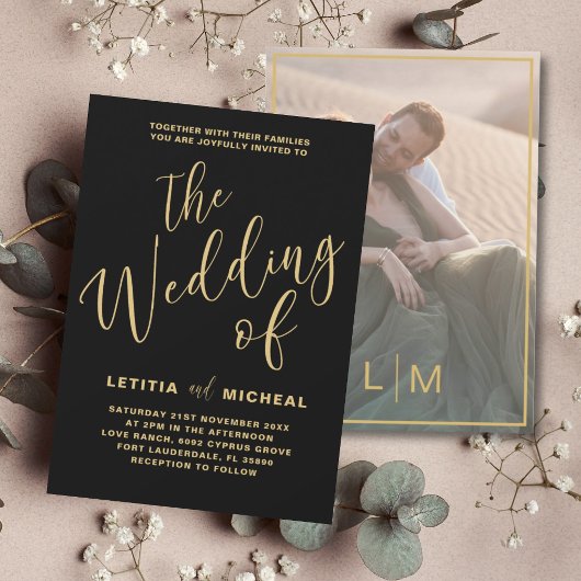 Invitation Élégant Mariage de calligraphie noir et or