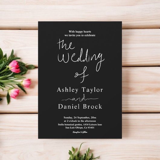 Invitation Élégant Mariage de calligraphie simple noir et bla