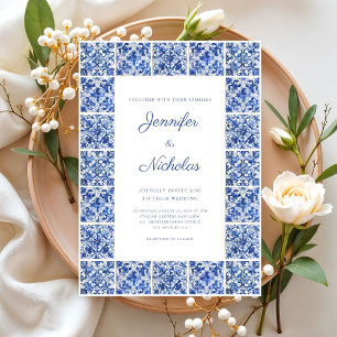 Invitation Élégant mariage de carreaux bleus méditerranéens