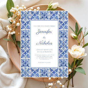 Invitation Élégant mariage de carreaux bleus méditerranéens