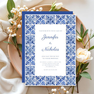 Invitation Élégant mariage de carreaux bleus méditerranéens