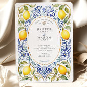Invitation Élégant Mariage de citron et carrelage bleu médite
