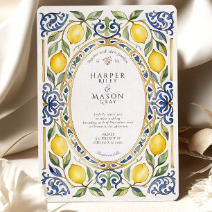 Invitation Élégant Mariage de citron et carrelage bleu médite
