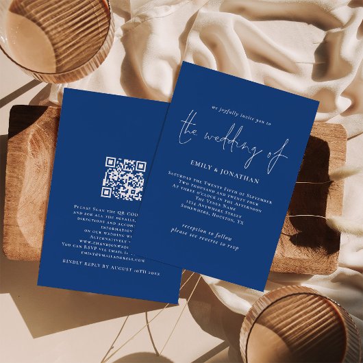 Invitation Élégant Mariage de code QR bleu Script