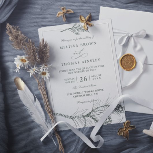 Invitation Élégant mariage de code QR de branche de pin rusti
