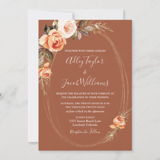 Invitation Élégant Mariage de code QR Floral Boho en terre cu (Devant)