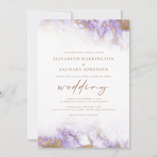 Invitation Élégant Mariage de code QR Gold Lavender en marbre (Devant)