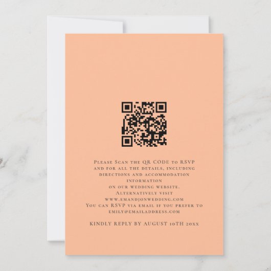 Invitation Élégant Mariage de code QR Peach Script (Dos)
