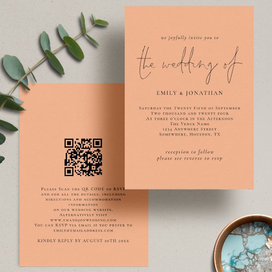 Invitation Élégant Mariage de code QR Peach Script