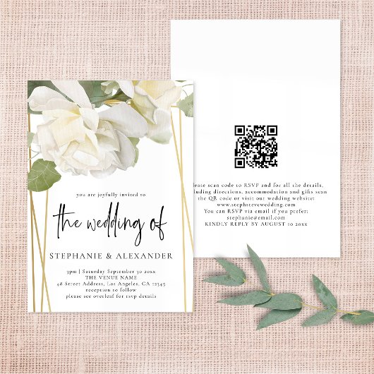 Invitation Élégant Mariage de code QR Rose blanche