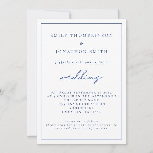 Invitation Élégant Mariage de code QR Script bleu (Devant)