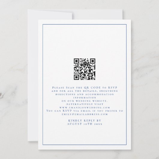 Invitation Élégant Mariage de code QR Script bleu (Dos)