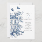 Invitation Élégant Mariage de code QR Toile Bleue De Jouy (Devant)