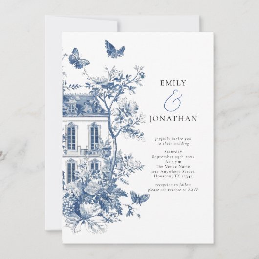 Invitation Élégant Mariage de code QR Toile Bleue De Jouy (Devant)