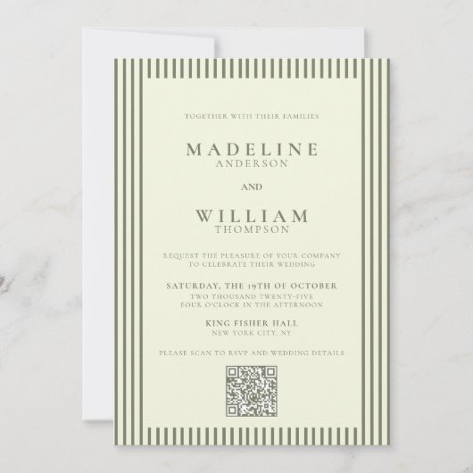 Invitation Élégant Mariage de code Qr vert Stripped (Devant)