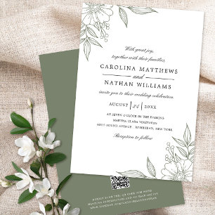 Invitation Élégant Mariage de coins floraux Sage Green QR Cod