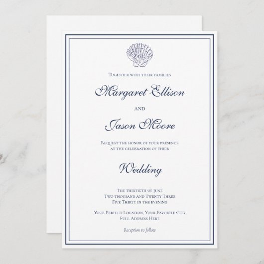 Invitation Élégant Mariage de coque bleu foncé (Devant / Derrière)