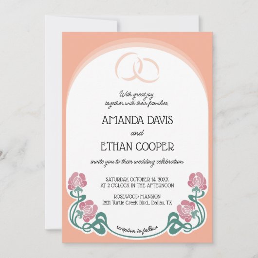 Invitation Élégant Mariage de couleur Art Nouveau Peach (Devant)