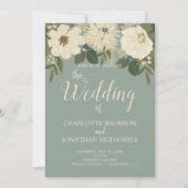 Invitation Elégant Mariage de couleur verte Fleurs blanches (Devant)