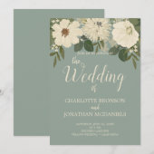 Invitation Elégant Mariage de couleur verte Fleurs blanches (Devant / Derrière)