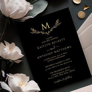 Invitation Élégant Mariage de couronne de monogramme noir et