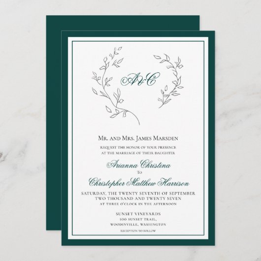 Invitation Élégant Mariage de couronne Emerald Green Monogram (Devant / Derrière)