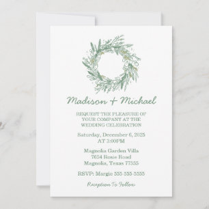 Invitation Élégant Mariage de couronne végétale d'hiver vert