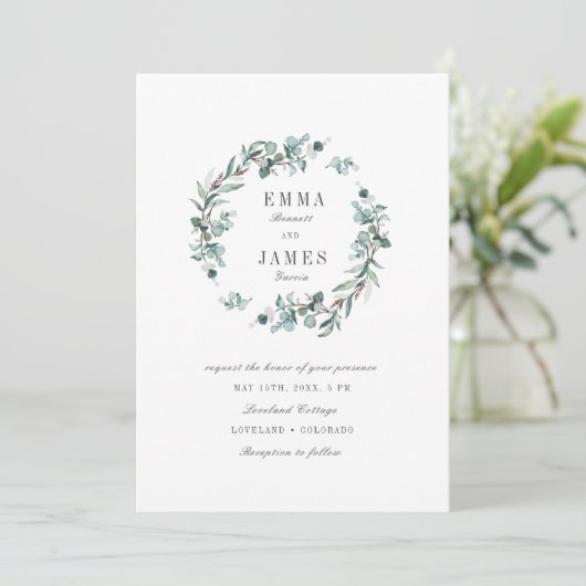 Invitation Elégant Mariage de couronnes Eucalyptus (Debout devant)