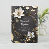 Invitation Élégant Mariage de couronnes florales en or noir b (Debout devant)