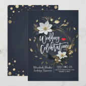 Invitation Élégant Mariage de couronnes florales noir blanc e (Devant / Derrière)