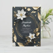 Invitation Élégant Mariage de couronnes florales noir blanc e (Debout devant)