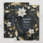 Invitation Élégant Mariage de couronnes florales noir blanc e (Devant / Derrière)