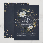 Invitation Élégant Mariage de couronnes florales noir blanc e (Devant / Derrière)