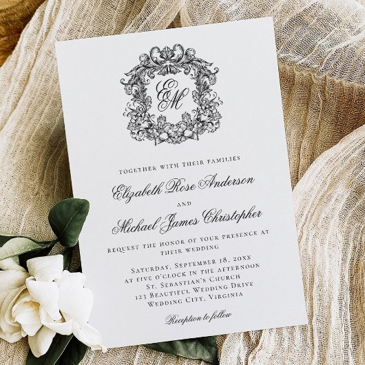 Invitation Élégant Mariage de crête de monogramme noir et bla