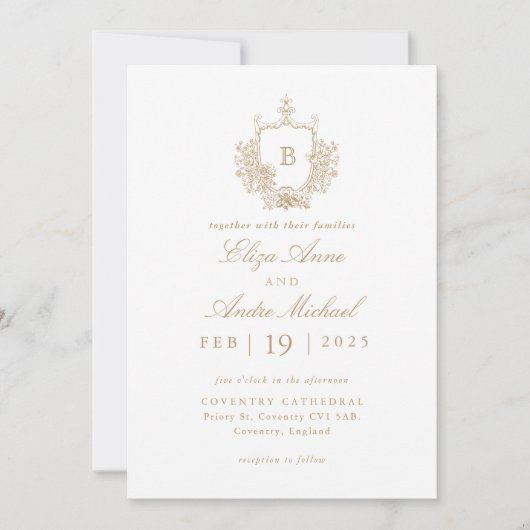 Invitation Élégant Mariage de crête de monogramme or et blanc (Devant)